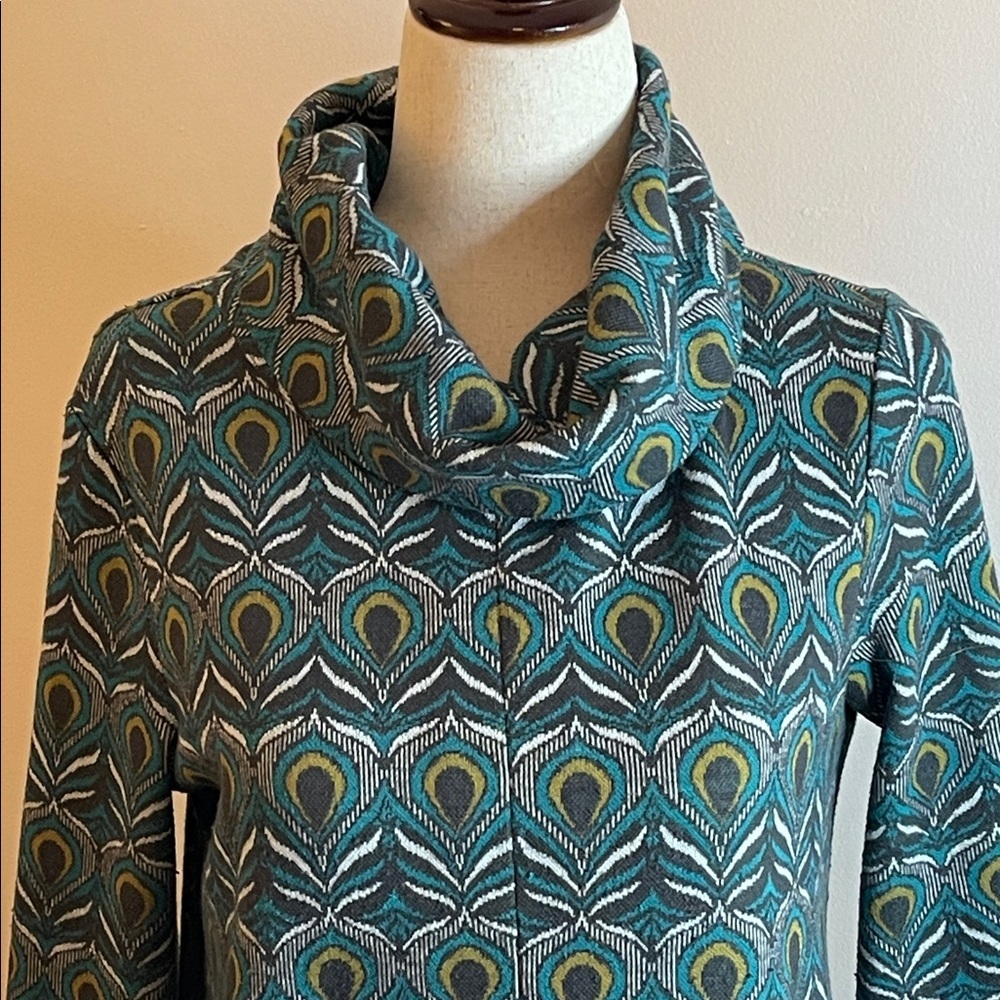 Tyler Boe Kim Cowl Neck Peacock Print Dress XS Teal Green Blue